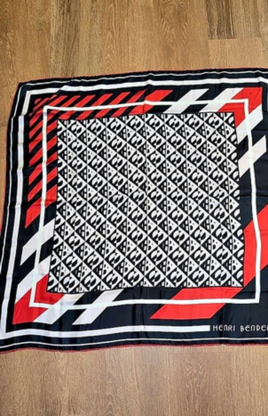 Henri Bendel Geometric Silk Scarf Black Red White GUC